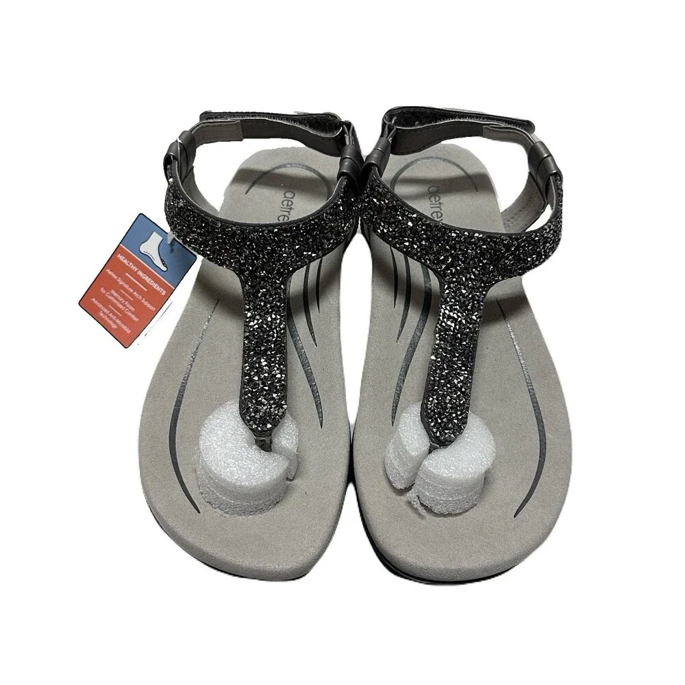 NEW Aetrex Womens Size 8.5 Gunmetal Leather Jade Sparkle Arch Support Sandals - Picture 3 of 9